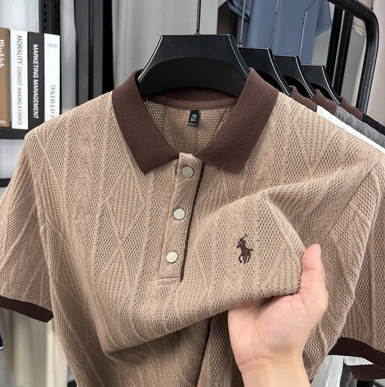 Design Knit Diamond Pattern Polo Shirt Gray with Brown Collar Tops Polo - 11