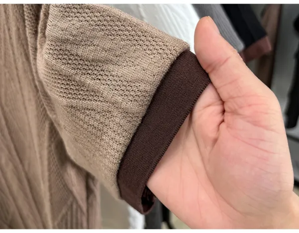 Design Knit Diamond Pattern Polo Shirt Gray with Brown Collar Tops Polo - 27