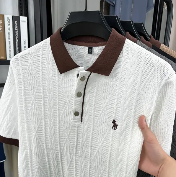 Design Knit Diamond Pattern Polo Shirt Gray with Brown Collar Tops Polo - 13