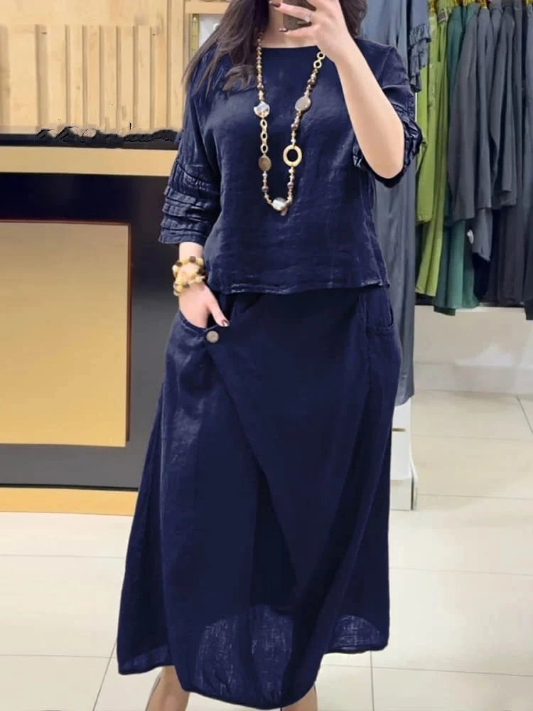 Design Black Textured Linen Set: Cropped Top with Ruched Sleeves and Asymmetrical Wrap Skirt - 7