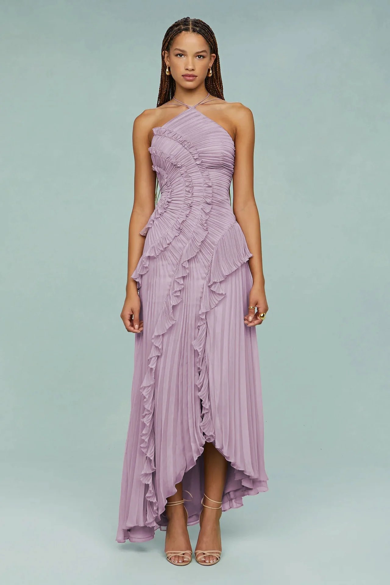 Design Pleated Asymmetrical Halter Dress Pink - 42