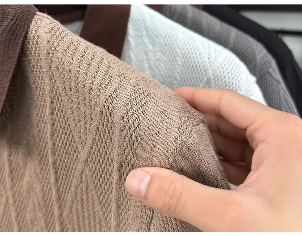 Design Knit Diamond Pattern Polo Shirt Gray with Brown Collar Tops Polo - 25