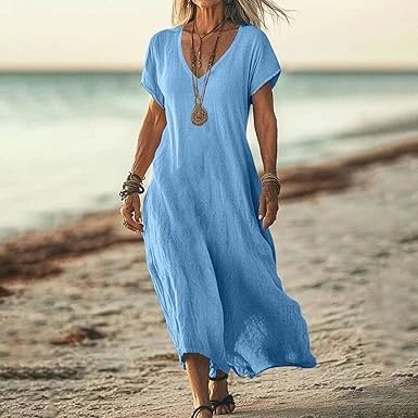 Design V-Neck Linen Maxi Dress Navy - 9
