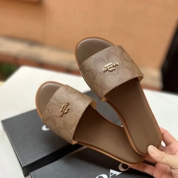 Coach Signature Slide Sandals Black with Gold Logo Slippers - 5