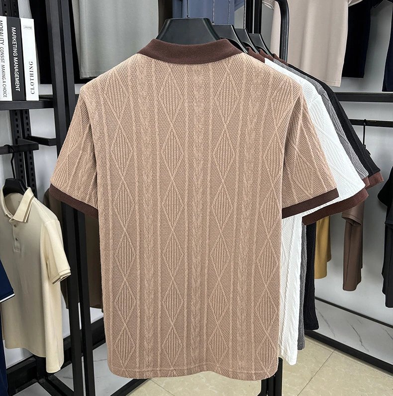 Design Knit Diamond Pattern Polo Shirt Gray with Brown Collar Tops Polo - 8