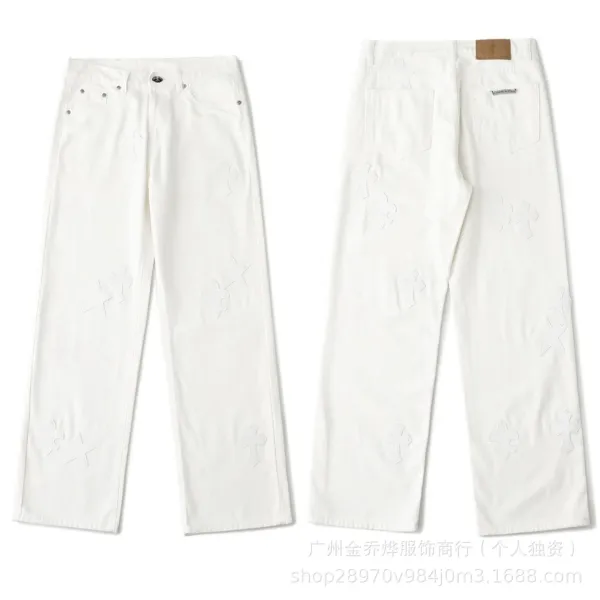 Chrome Hearts White Embroidered Cross & Star Jeans - 1