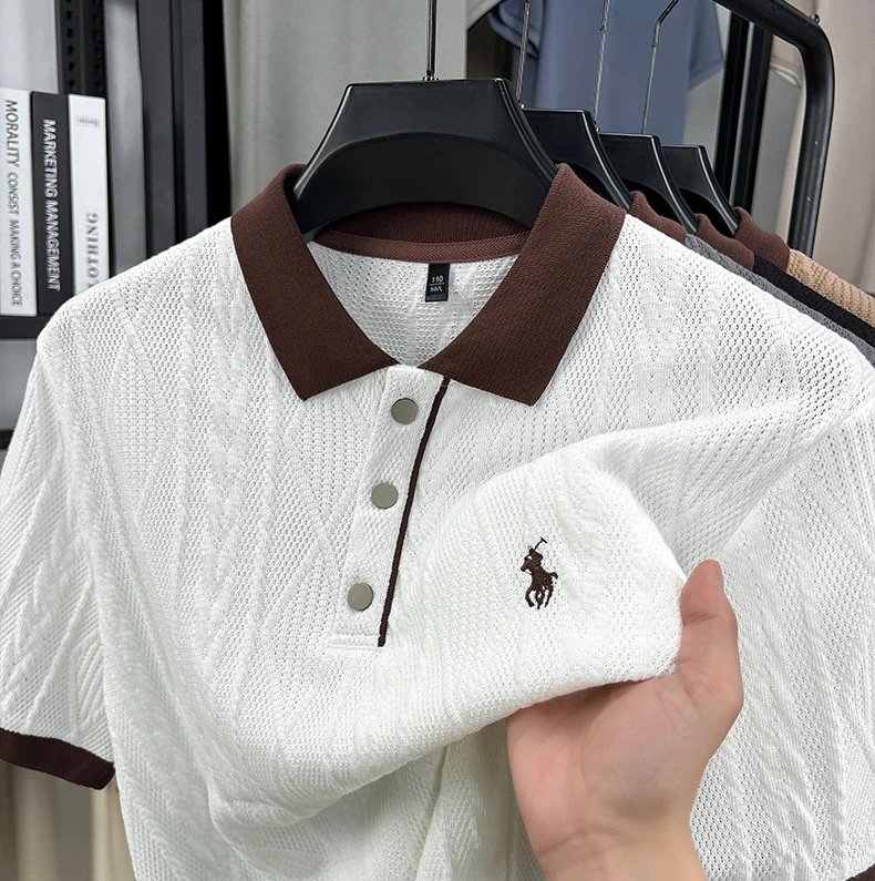Design Knit Diamond Pattern Polo Shirt Gray with Brown Collar Tops Polo - 15