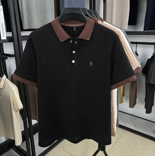 Design Knit Diamond Pattern Polo Shirt Gray with Brown Collar Tops Polo - 20