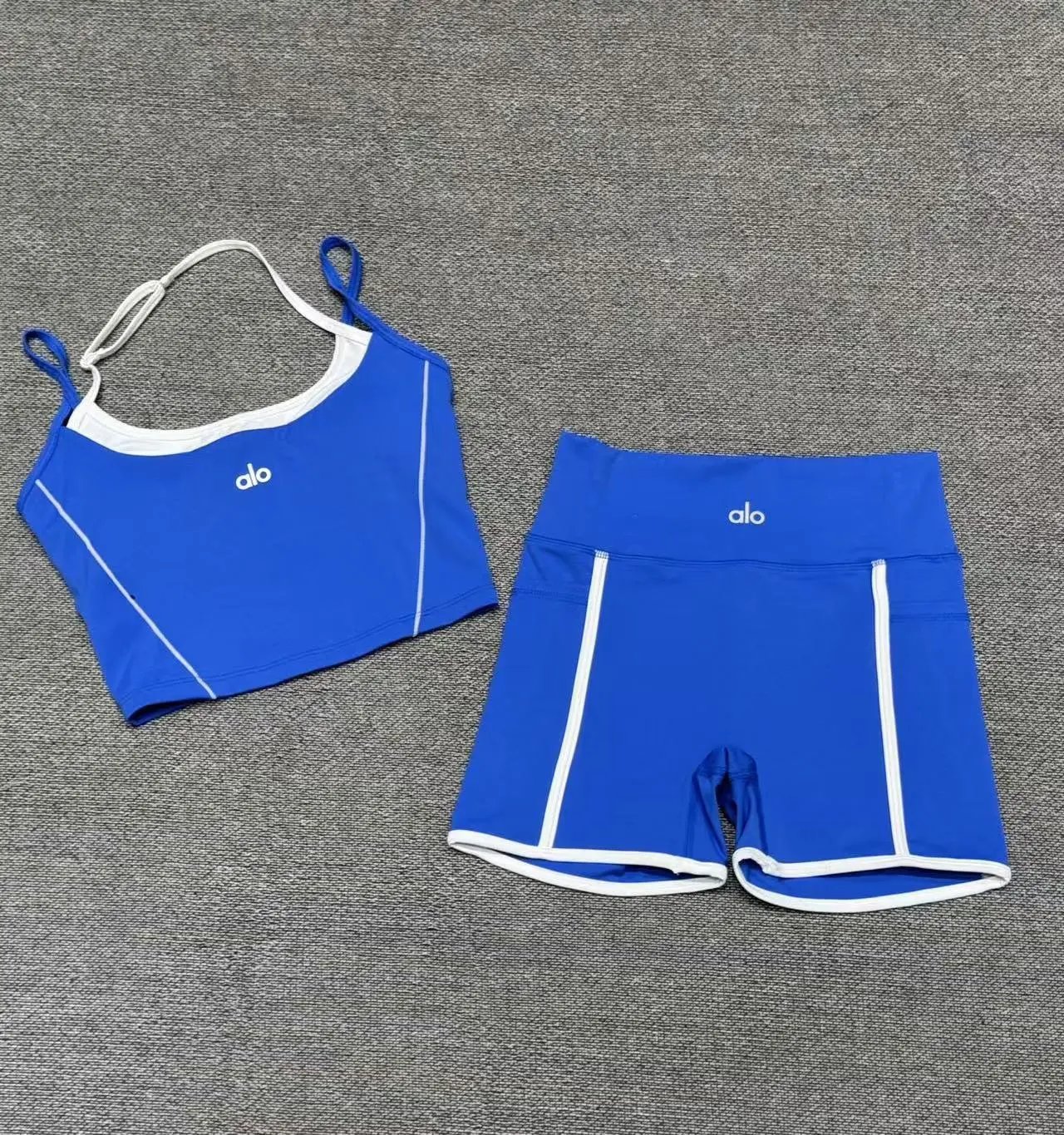 Alo Yoga High-Waisted Biker Shorts and Strappy Sports Bra Set Royal Blue Activewear - 5