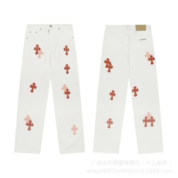 Design Wide-Leg Jeans with Leopard Crosses and Graffiti Print White Jeans - 20