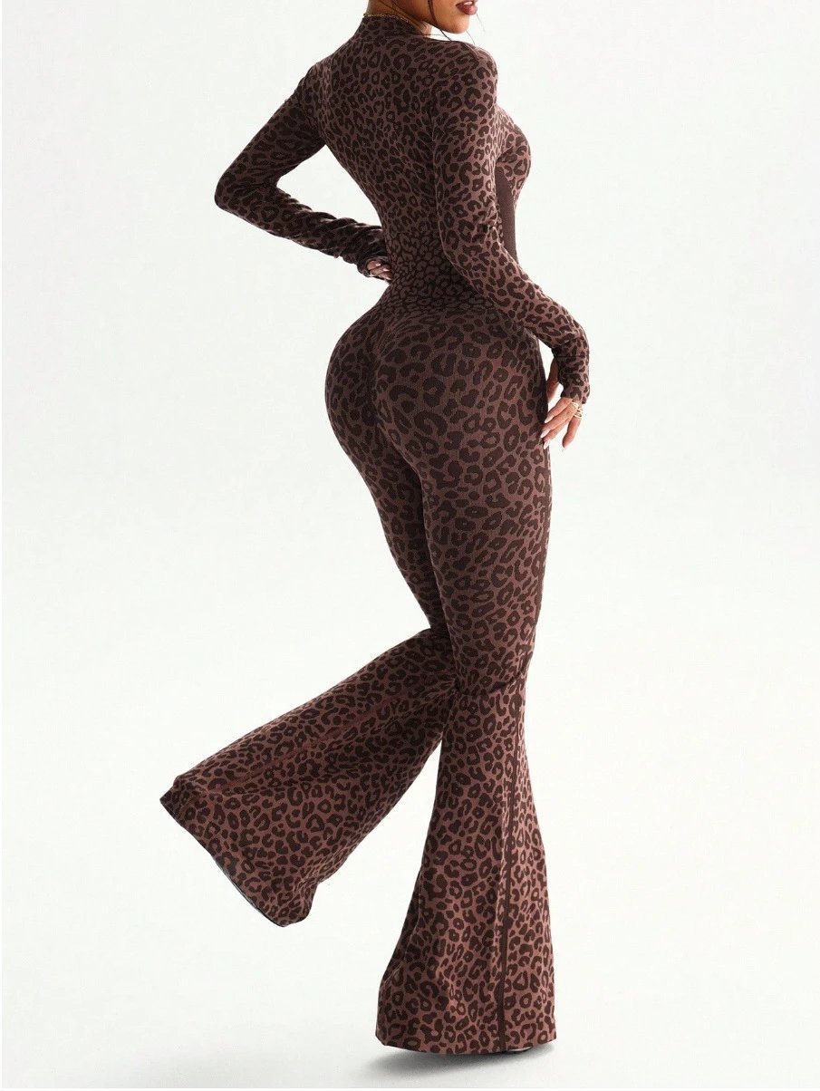 Design Leopard Print Zip-Front Jumpsuit Brown Sets - 8