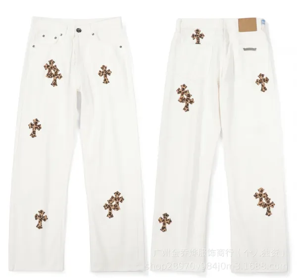 Design Wide-Leg Jeans with Leopard Crosses and Graffiti Print White Jeans - 22
