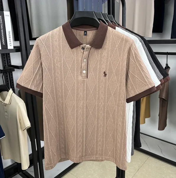 Design Knit Diamond Pattern Polo Shirt Gray with Brown Collar Tops Polo - 7