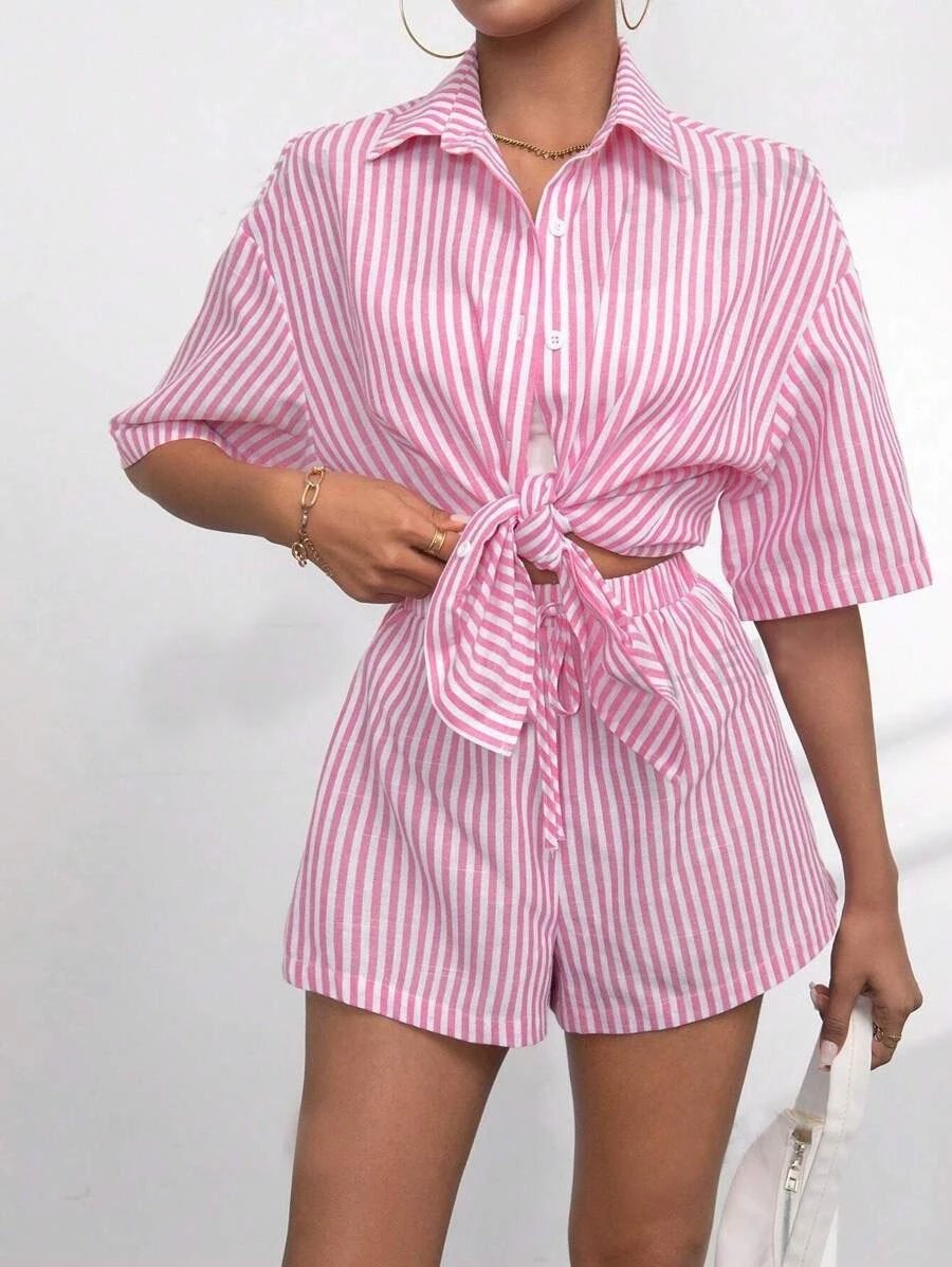 Design Pink and White Striped Oversized Shirt and Shorts Set - 16