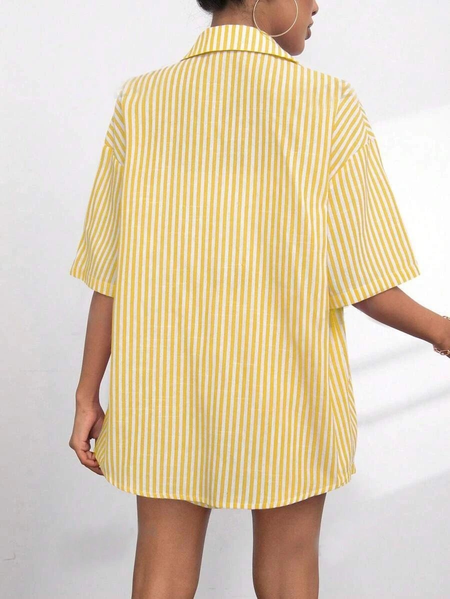 Design Pink and White Striped Oversized Shirt and Shorts Set - 21