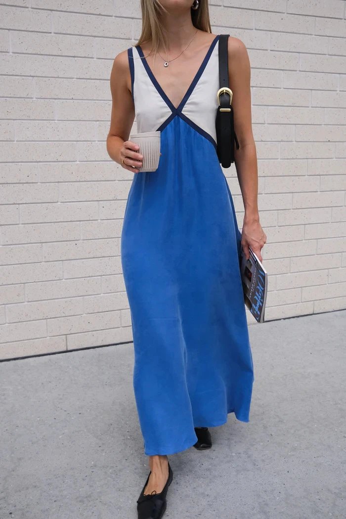 Design Color-Block V-Neck Maxi Dress Green - 7