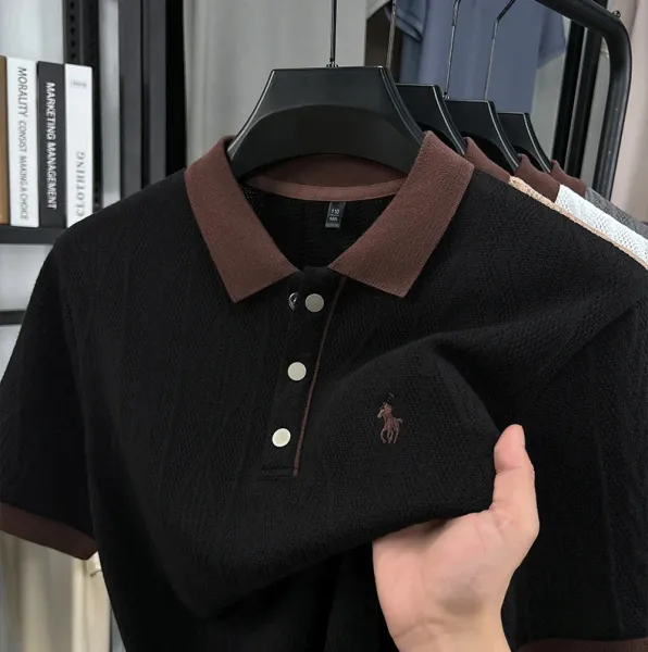Design Knit Diamond Pattern Polo Shirt Gray with Brown Collar Tops Polo - 23
