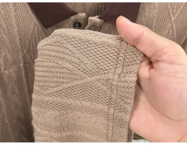Design Knit Diamond Pattern Polo Shirt Gray with Brown Collar Tops Polo - 28