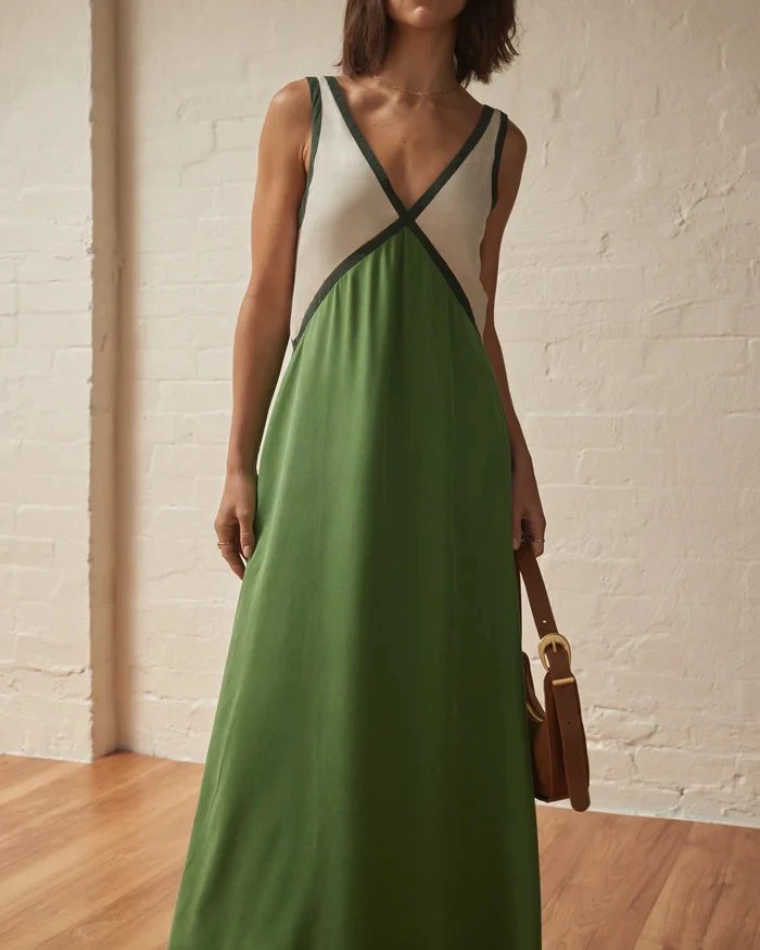 Design Color-Block V-Neck Maxi Dress Green - 17