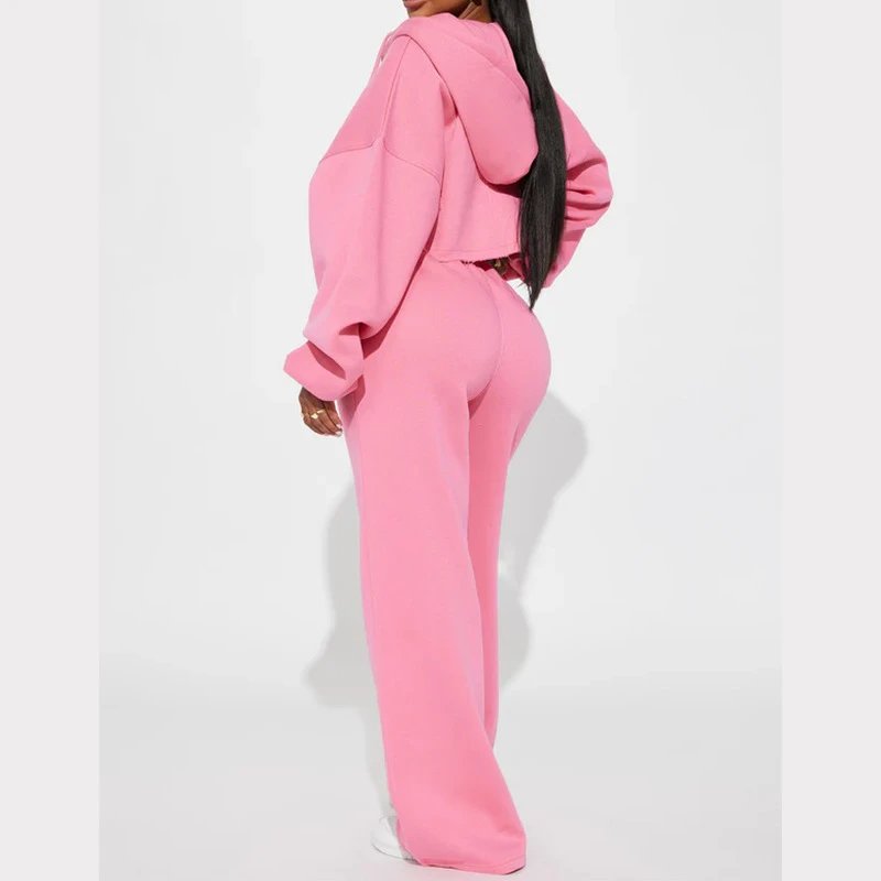 Design Cropped Hoodie and Wide-Leg Sweatpants Set in Light Gray - 5
