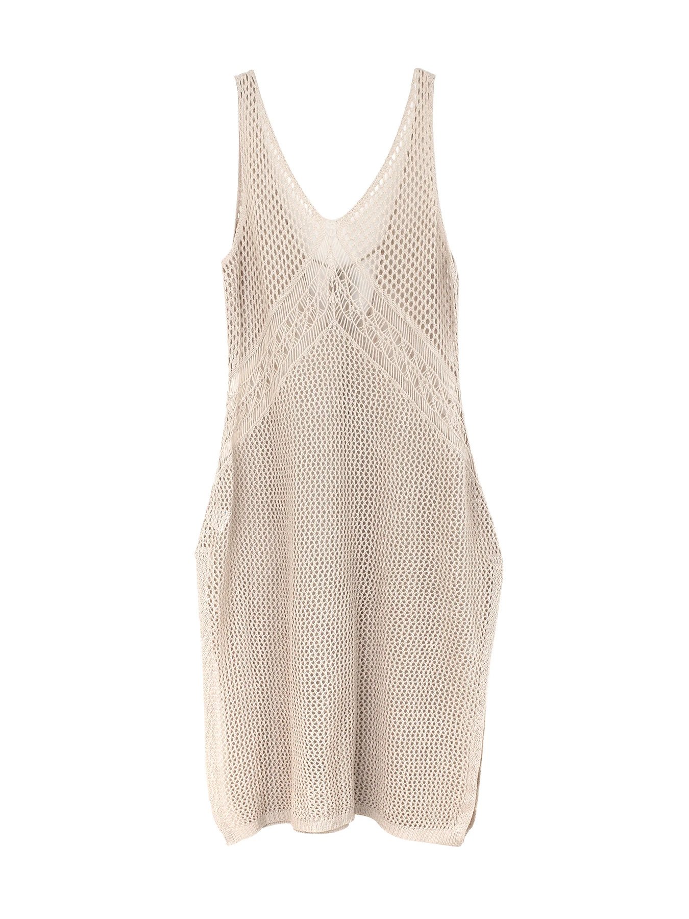 Design Knit Mesh V-Neck High-Slit Dress White - 8