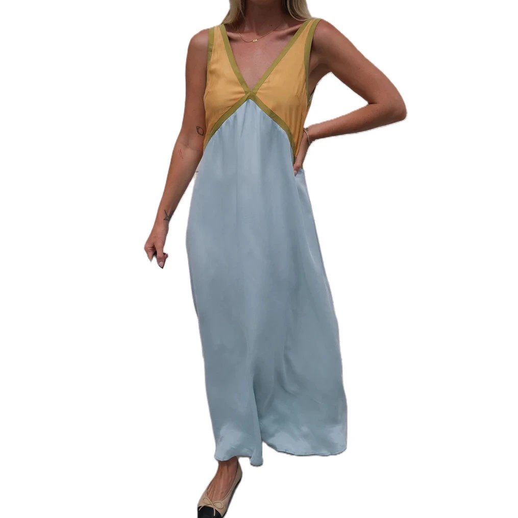 Design Color-Block V-Neck Maxi Dress Green - 20
