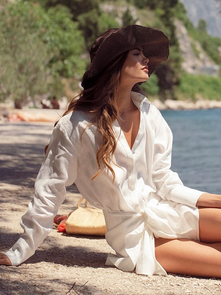 Design Off-White Style Linen Shirt and Ruffled Mini Skirt Set in Cream - 28
