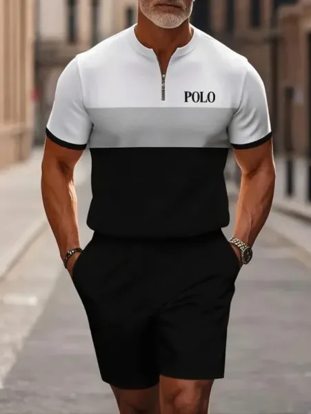 Polo Ralph Lauren Color-Block Zip-Neck T-Shirt Black / White / Gray - 1