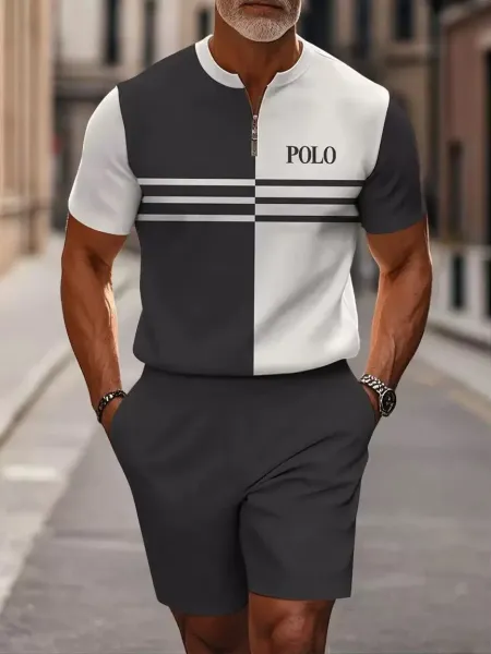 Polo Ralph Lauren Color-Block Zip-Neck T-Shirt Gray and White - 1