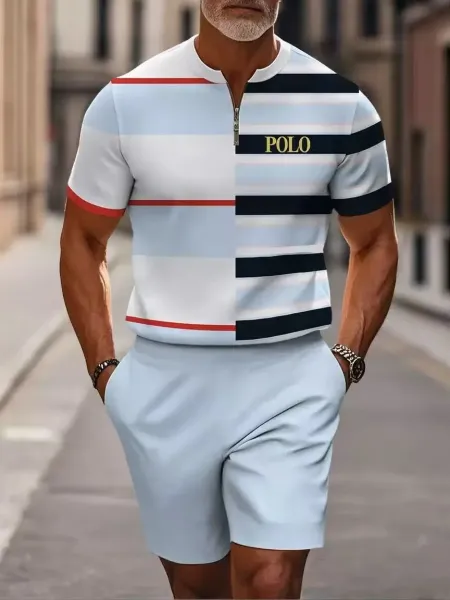 Polo Ralph Lauren Striped Half-Zip Polo in Light Blue, White, Navy, and Red Polo Shirt - 1