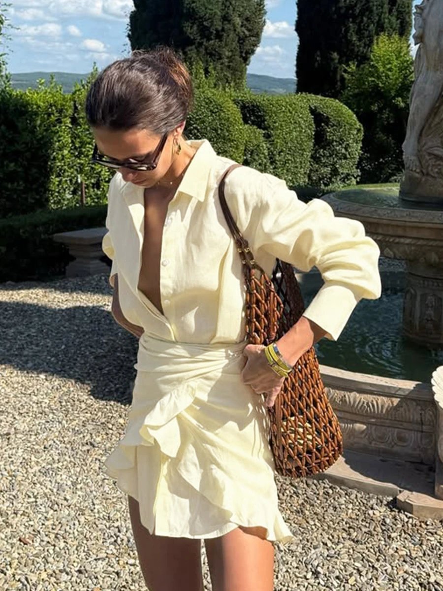 Design Off-White Style Linen Shirt and Ruffled Mini Skirt Set in Cream - 48