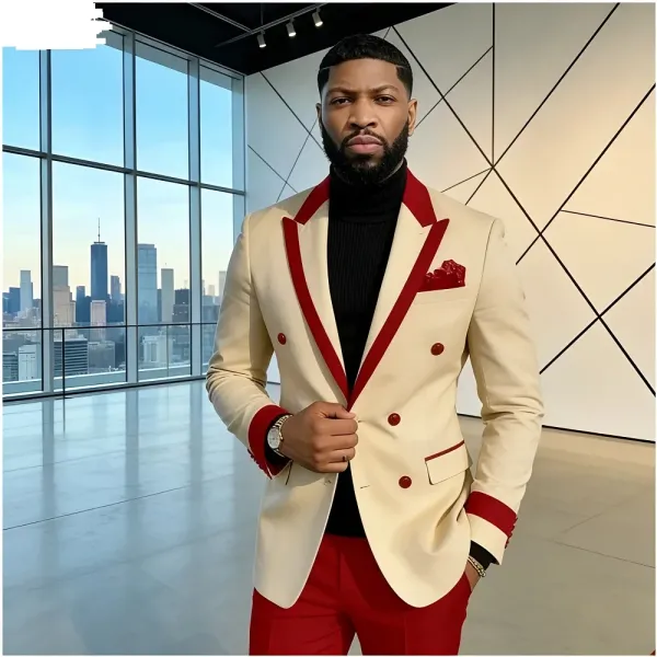 Design Double-Breasted Blazer with Red Trim Beige and Red Suit Set - 1