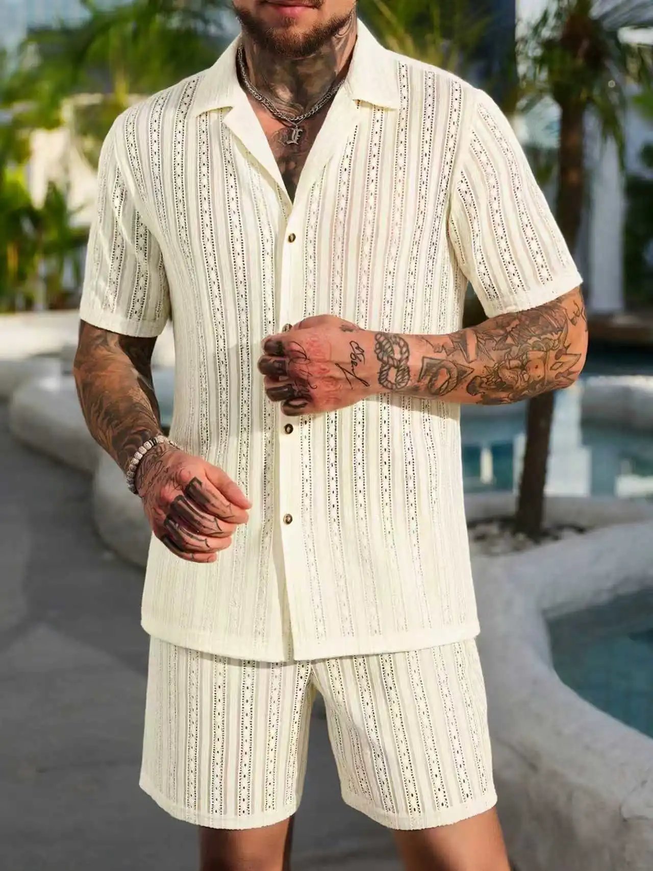 Design Knit Open-Front Short-Sleeve Shirt and Shorts Set Beige - 12