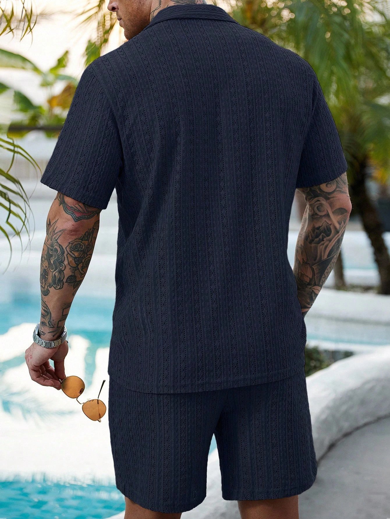 Design Knit Open-Front Short-Sleeve Shirt and Shorts Set Beige - 24