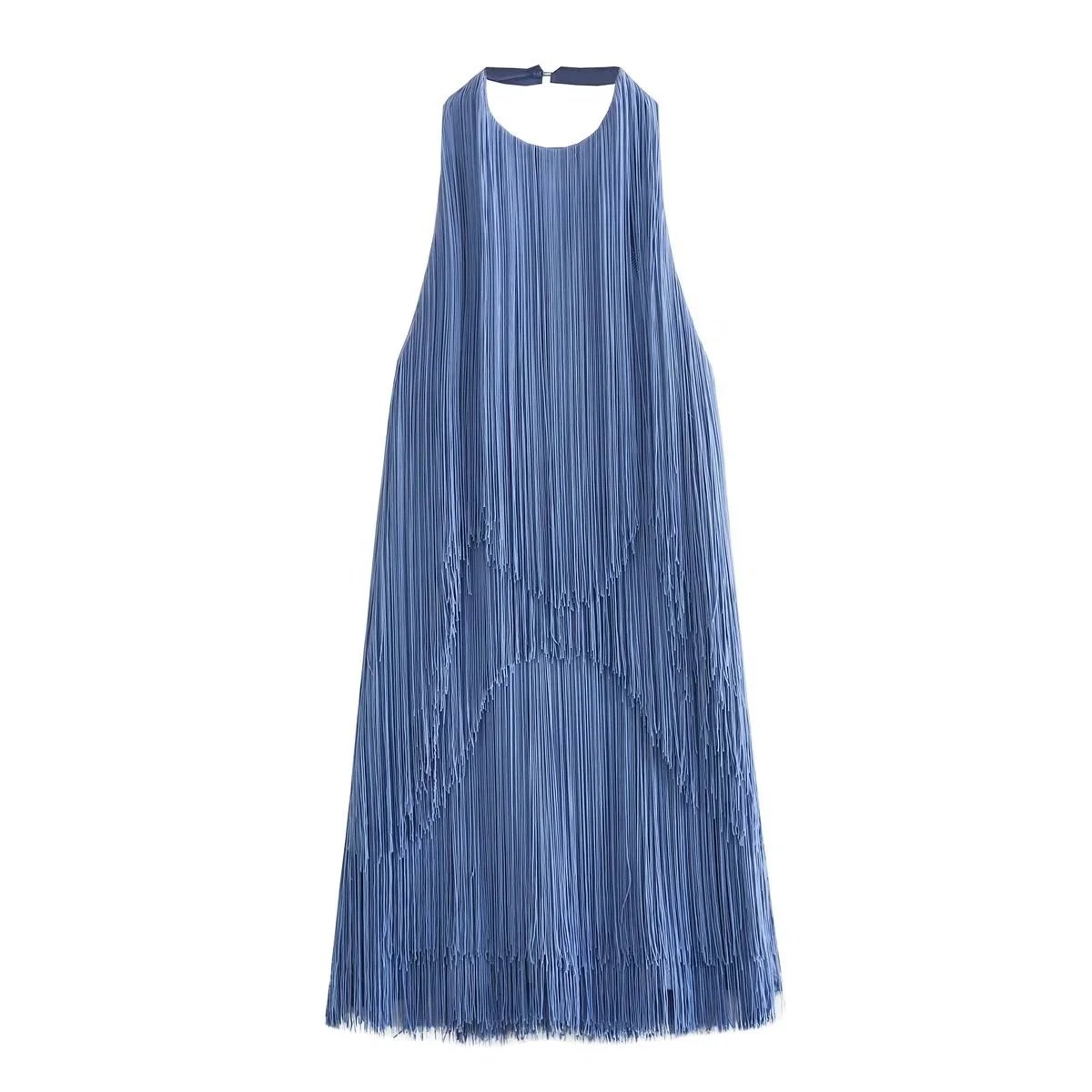 Design Fringed Halter Neck Maxi Dress White - 12