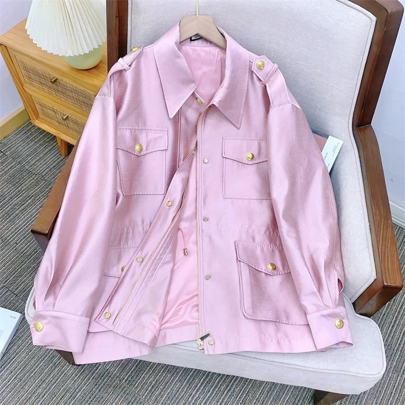 Design Pink Satin Utility Jacket with Drawstring Waist Outerwear.jacket - 18