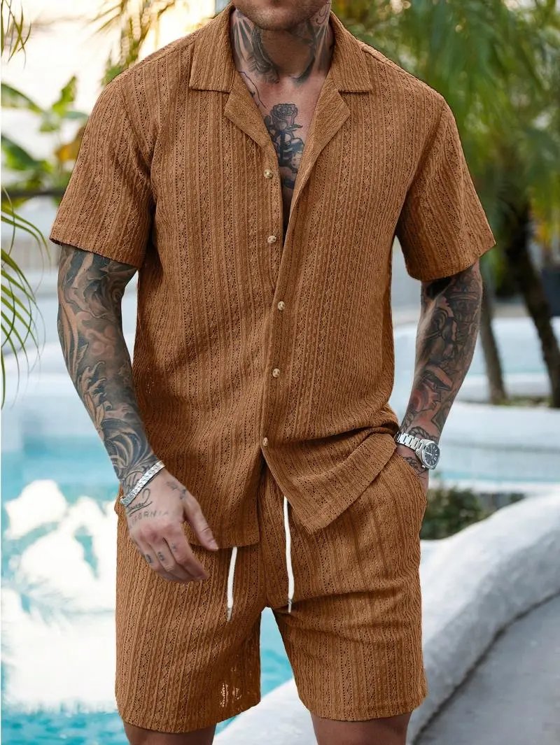 Design Knit Open-Front Short-Sleeve Shirt and Shorts Set Beige - 45
