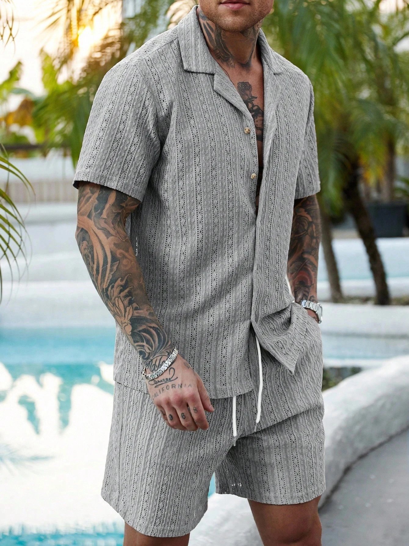 Design Knit Open-Front Short-Sleeve Shirt and Shorts Set Beige - 39