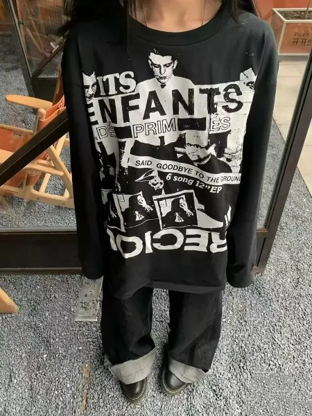 Design Graphic Print Long Sleeve T-Shirt Black - 13