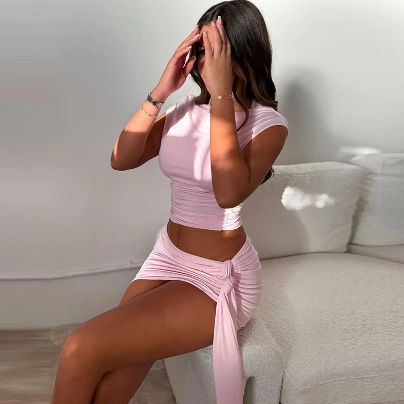 Design Asymmetrical Ruched White Crop Top and Wrap Mini Skirt Set - 12