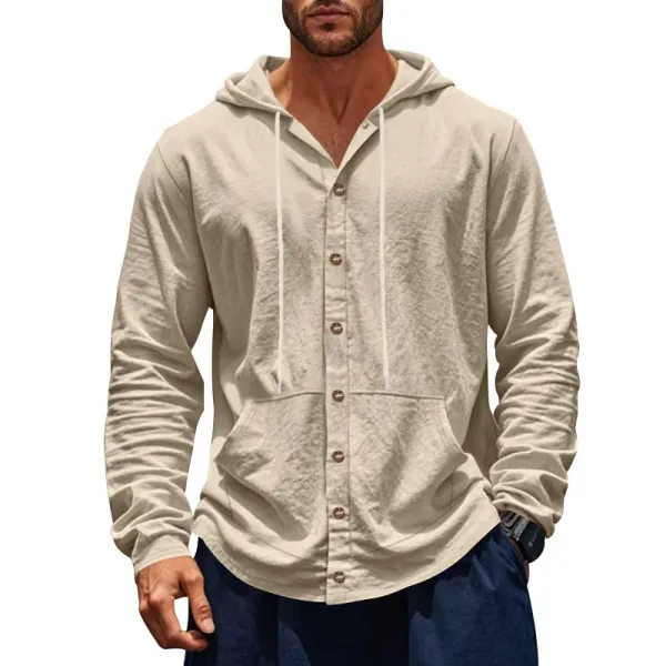 Design Button-Up Hooded Cardigan Beige Shirt - 1