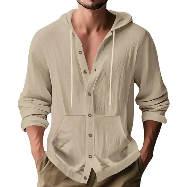 Design Button-Up Hooded Cardigan Beige Shirt - 11