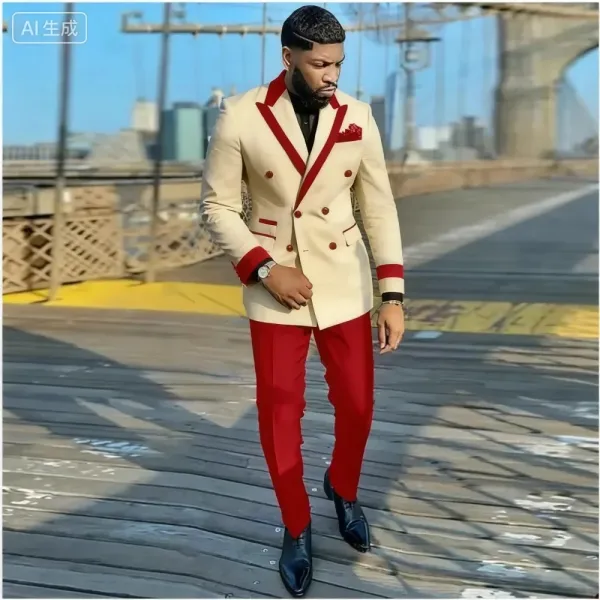 Design Navy Double-Breasted Tuxedo Blazer with Black Lapels and Pocket Square - 9