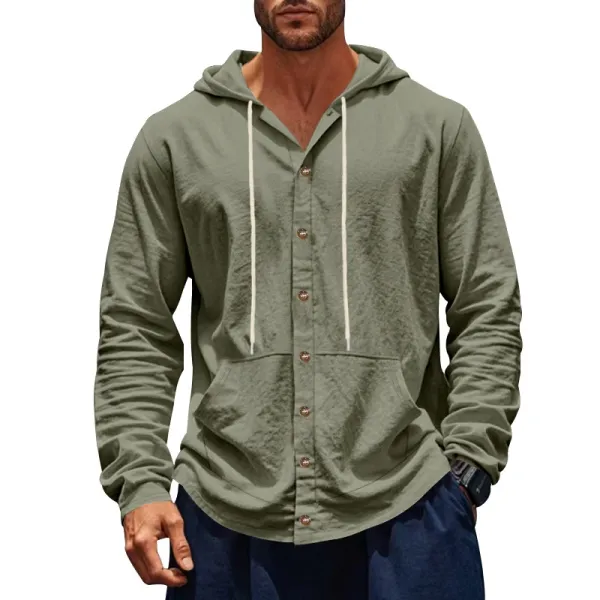 Design Hooded Button-Up Shirt Olive Green Hoodie - 1