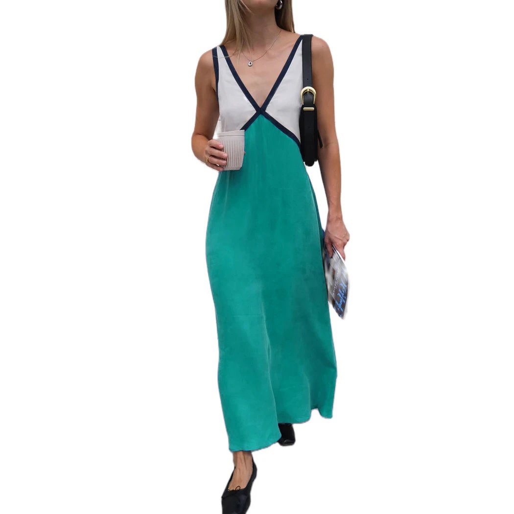 Design Color-Block V-Neck Maxi Dress Green - 26