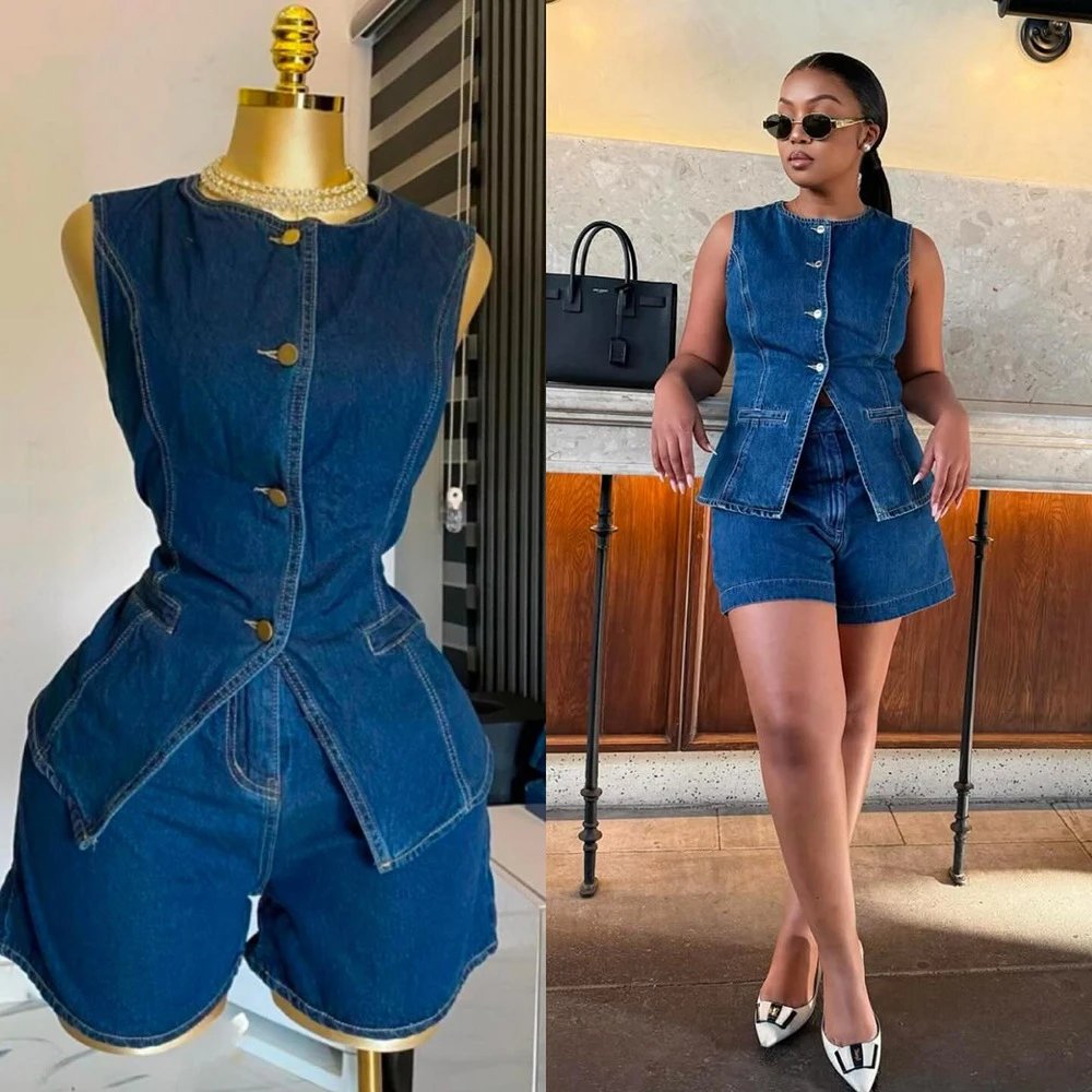 Design Denim Peplum Vest and Shorts Set Charcoal Gray - 3