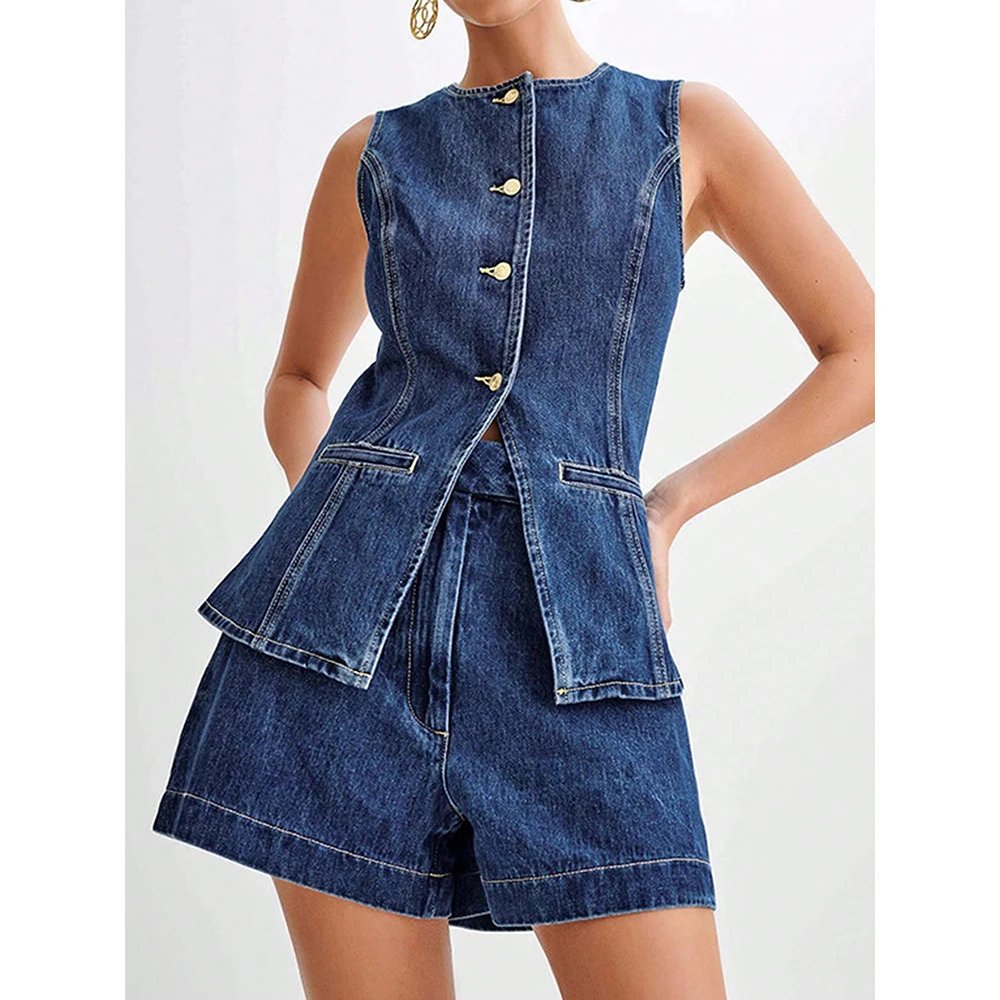 Design Denim Peplum Vest and Shorts Set Charcoal Gray - 5