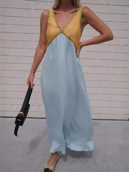 Design Color-Block Silk Slip Dress in Yellow and Sky Blue - 1