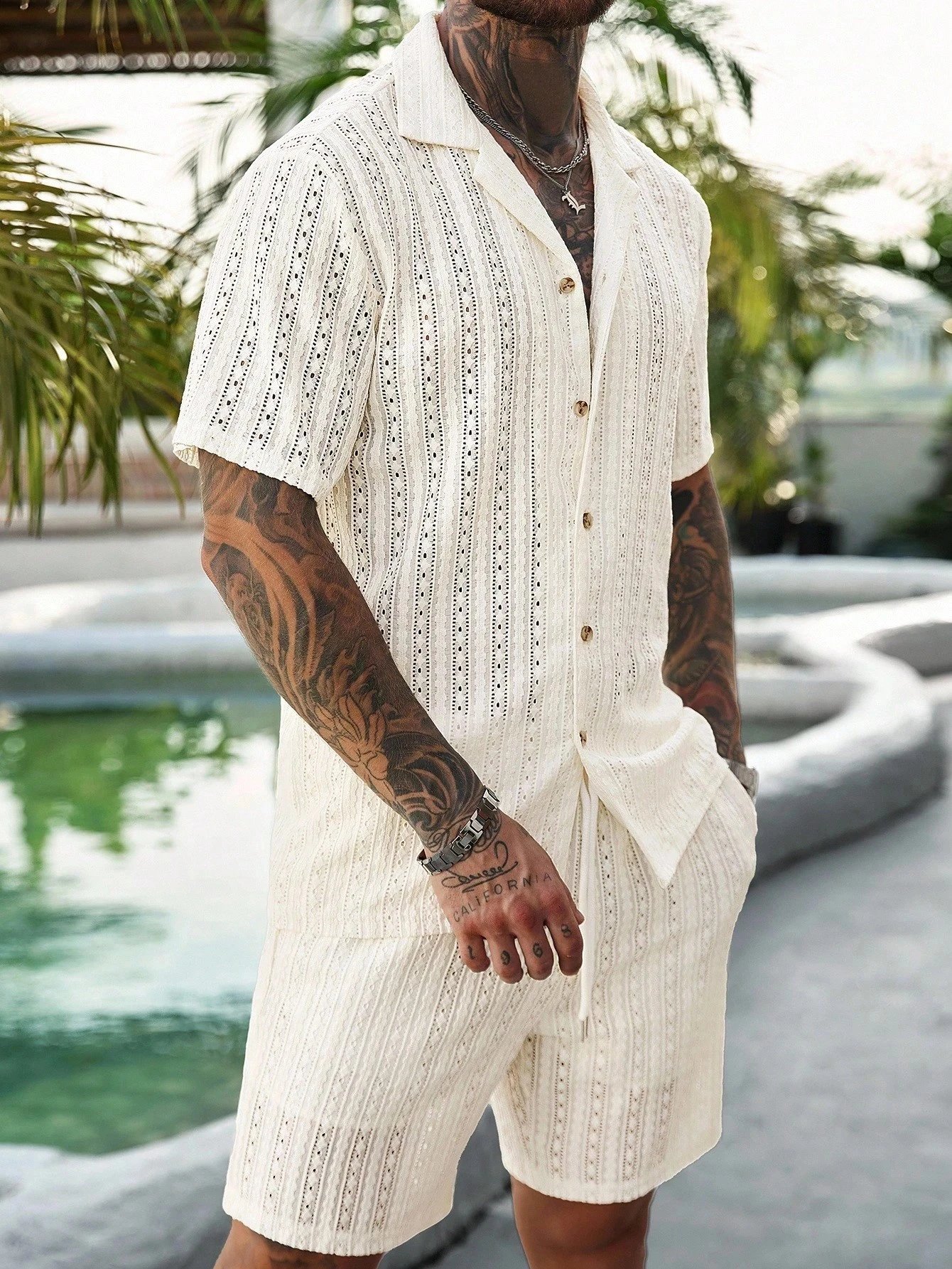 Design Knit Open-Front Short-Sleeve Shirt and Shorts Set Beige - 4