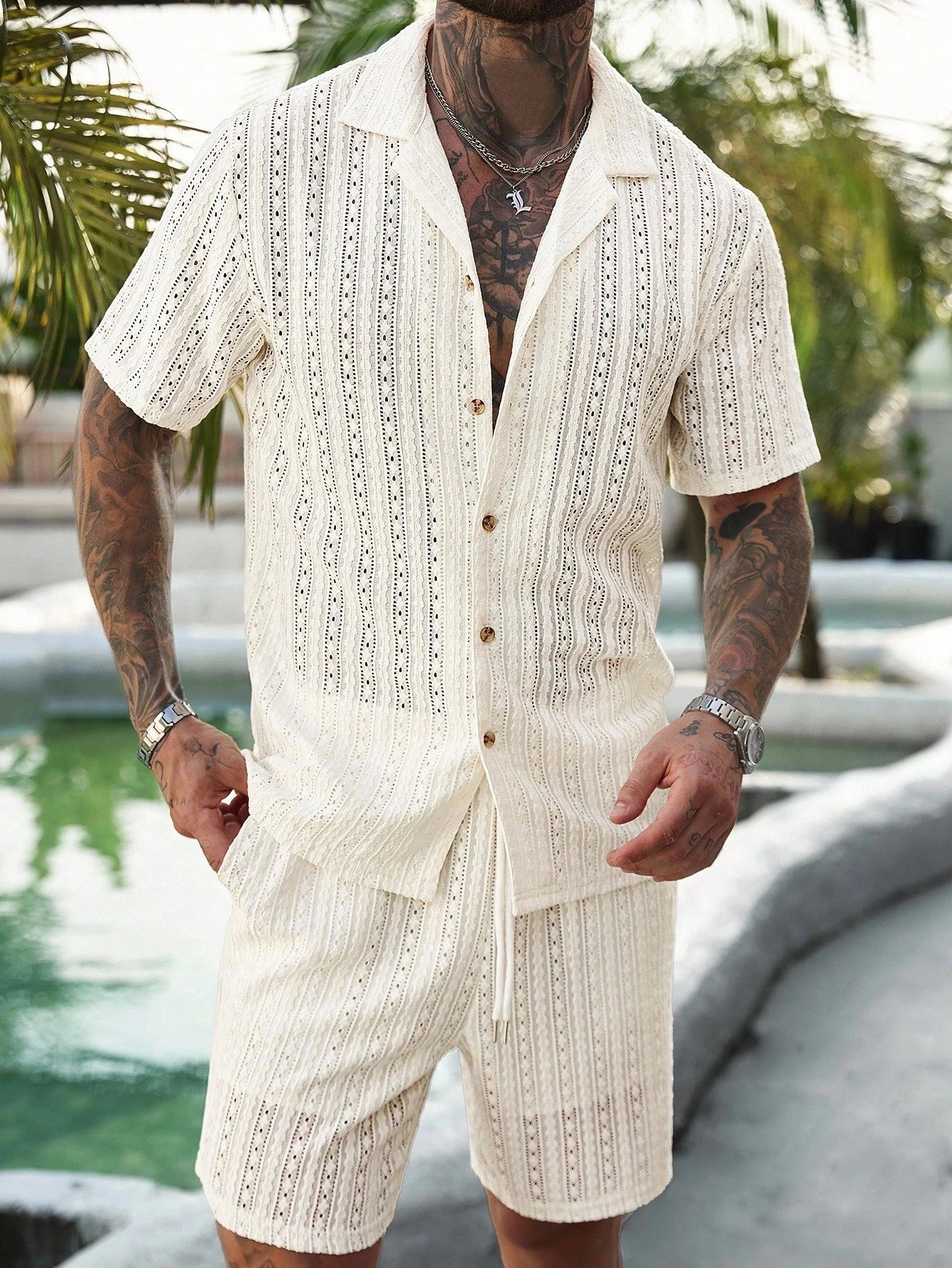 Design Knit Open-Front Short-Sleeve Shirt and Shorts Set Beige - 6